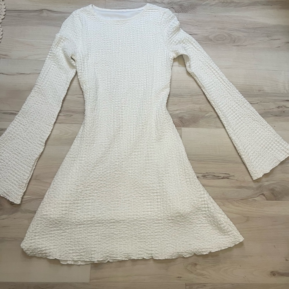 White ruched bell sleeve mini dress